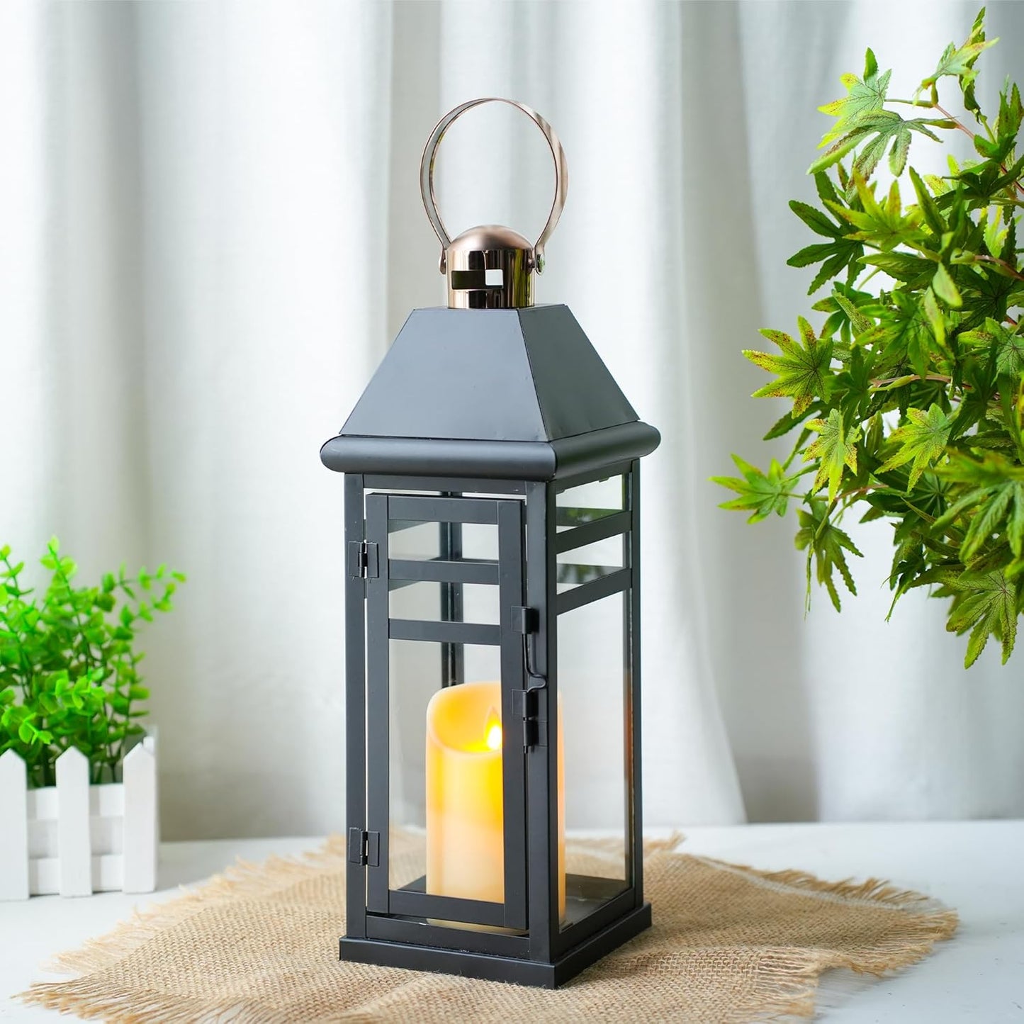 TRIROCKS Decorative Vintage Candle Lanterns 15.5" H Farmhouse Outdoor Hanging Lanterns with Tempered Glass for Porch, Balcony, Patio, Home, Centerpieces, Indoor, Outdoor(Black with Gold top)