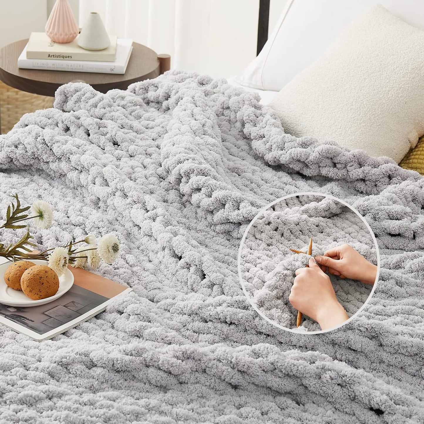 L'AGRATY Chunky Knit Blanket Throw: 30''x40'' Chenille Knitted Throw Blankets for Bed Couch - Handmade Thick Big Cable Knot Blanket - Large Chunky Crochet Rope Blankets for Home Decor(Grey)