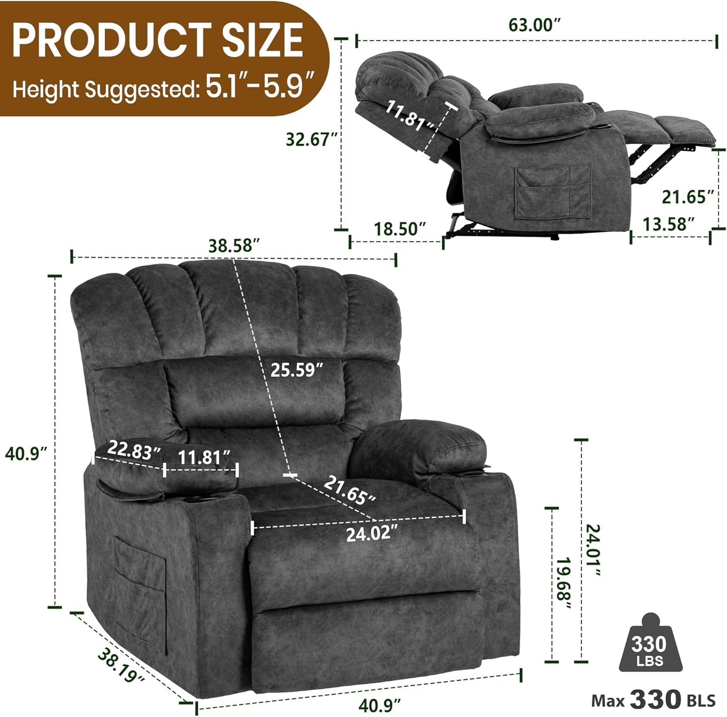 Recliner Chair Manual Modern Ergonomic Lounge Single Sofa Seat Living Room Lounge Recliners on Clearance Foam Filling