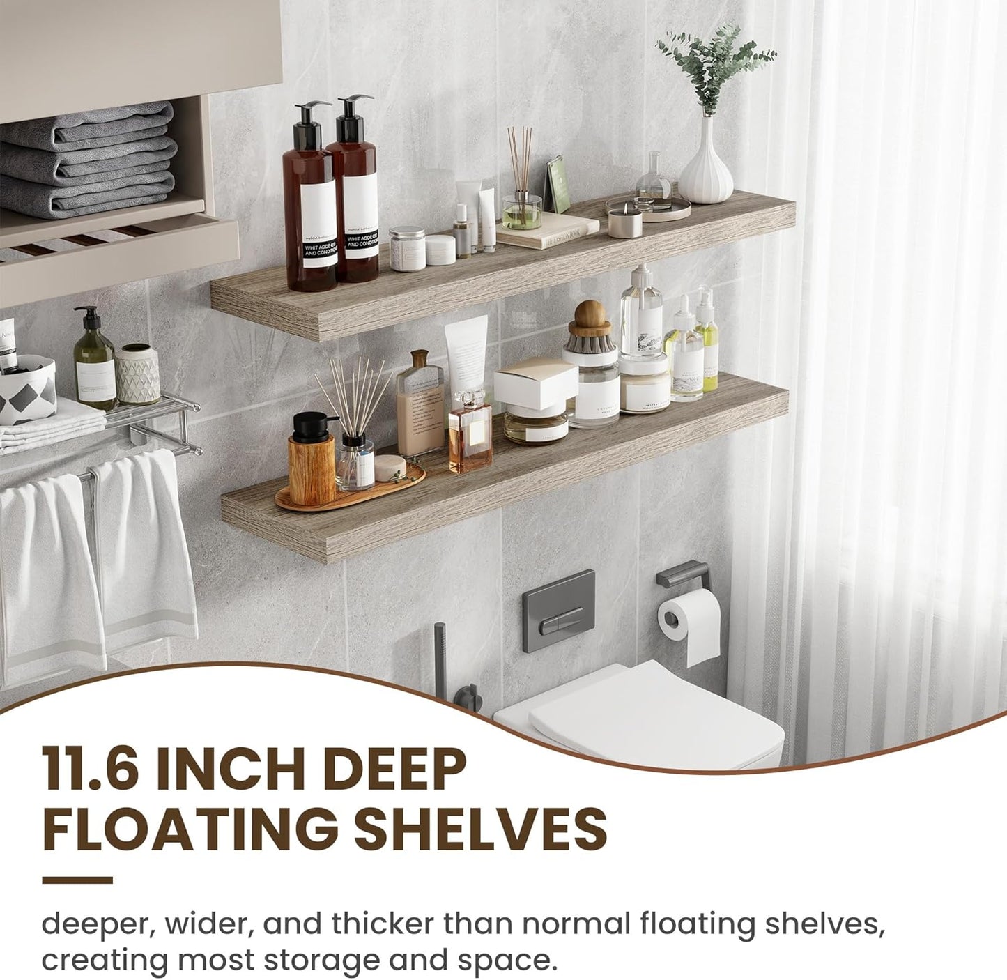 48 Inch Floating Shelves, 11.6 Inch Deep Floating Shelves for Wall, Floating Shelf with Invisible Brackets, Deep Shelves for Bathroom, Bedroom, Living Room, Vintage Gray Oak