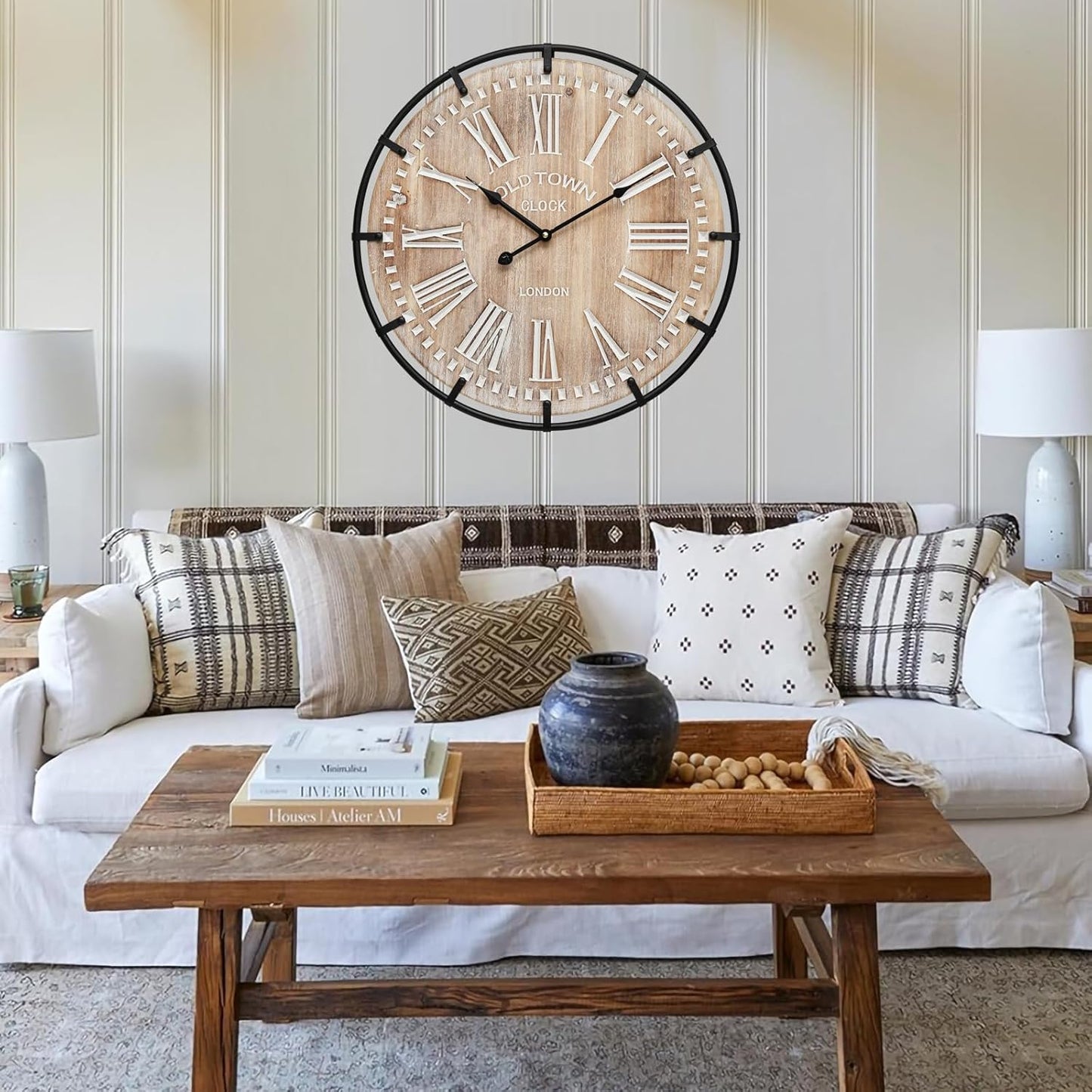 24 Inch Grand Farmhouse Wall Clock, Vintage-Inspired Wood & Metal Design with Large Etched Numbers, Silent Battery-Powered Timepiece for Offices, Kitchens, Bedrooms, and Living Rooms