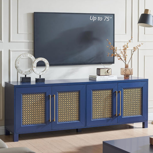 JYED Mid Century Modern TV Stand for TVs up to 75", 69.5" W Blue Entertainment Center with 4 Gold Metal Mesh Doors - Wood Grain MDF TV Console, Media Storage