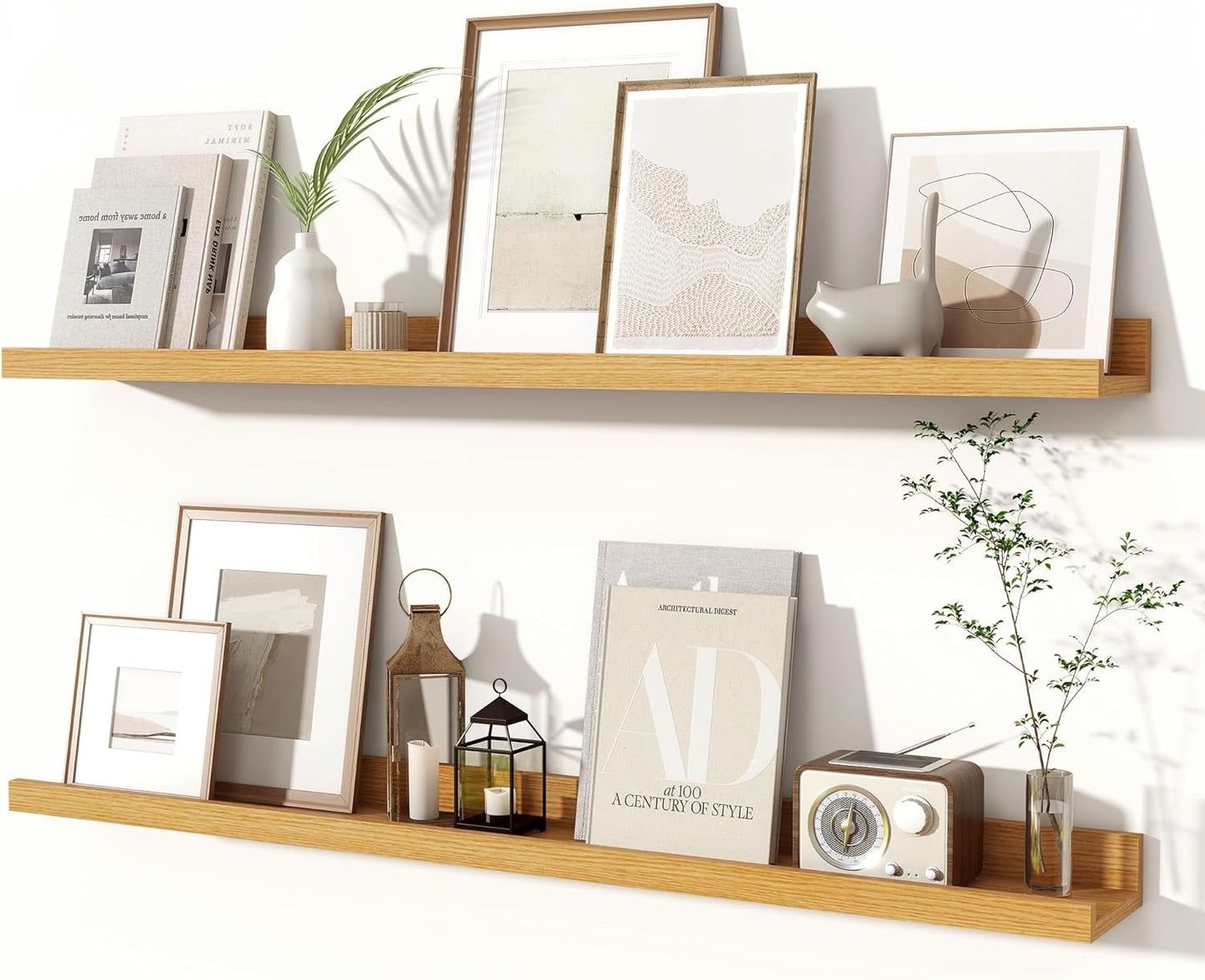 Fun Memories Picture Ledge Shelves Set of 2, 36 Inch Rustic Wall Mounted Floating Shelves with Lip for Home Storage and Décor in Bathroom, Kitchen, Nursery, Bedroom, Living Room, Oak