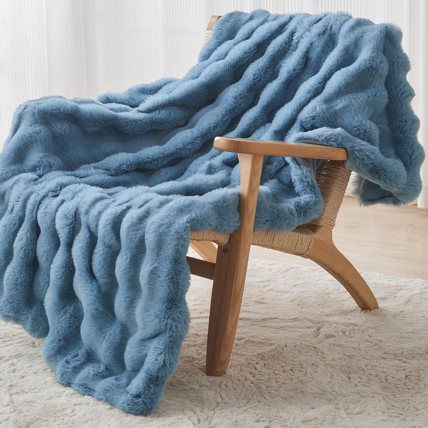 Lotus Karen Faux Fur Throw Blanket Sky Blue - Big Bubble Rabbit Fluff Blanket for Couch Bed Sofa,Softest Fluffy Fuzzy Cozy Blanket,Thick Furry Plush Shaggy Warm Blankets for Women,60x80 Inches