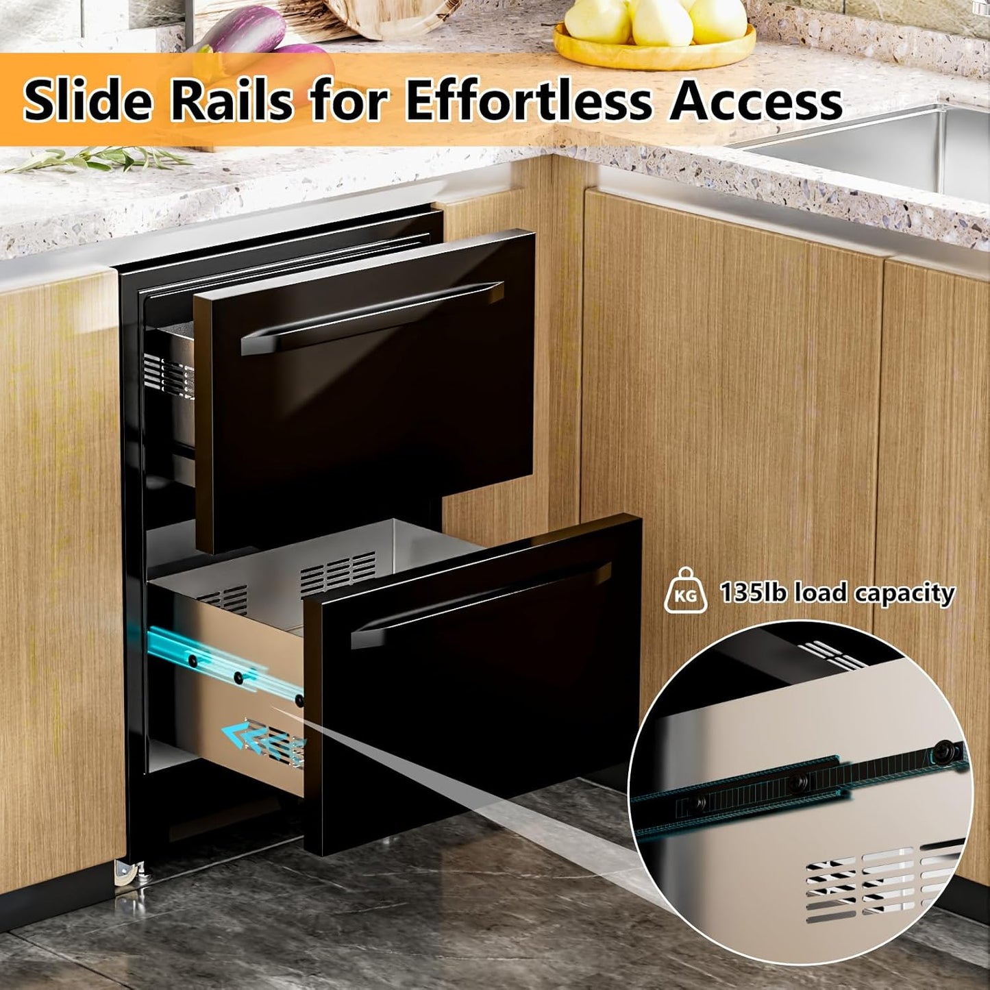 24 Inch Under Counter Dual Drawer Beverage Fridge, Weather Proof Outdoor Beverage Refrigerator for Patio, Stainless Steel Built-in Beverage Cooler for Home & Commercial Use, Black