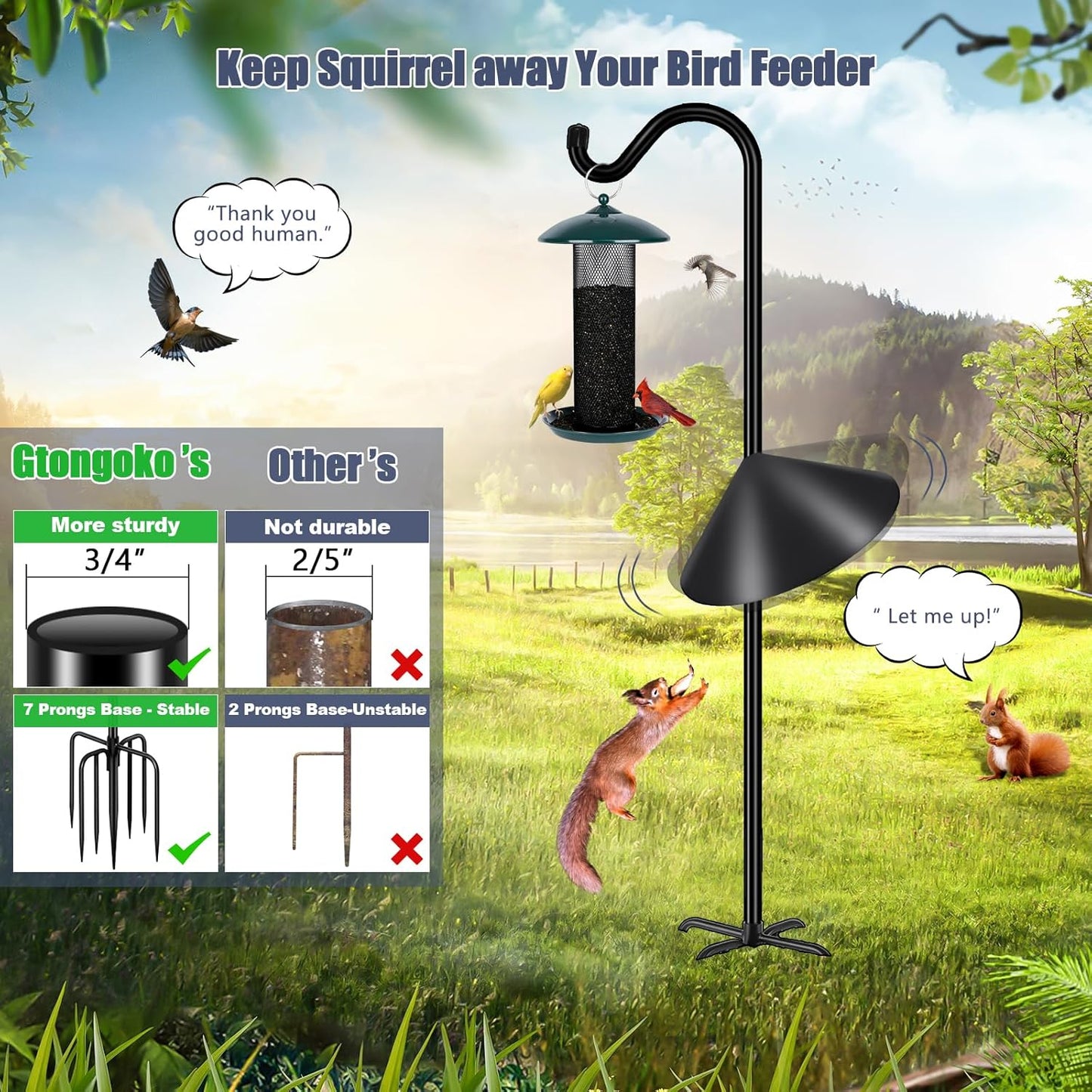 Gtongoko Bird Feeder Pole Squirrel Proof 92 Inch Shepherds Hook for Outdoor with Squirrel Baffles Adjustable Heavy Duty with 7 Prongs Base for Hanging Plants, Bird Feeders, Black