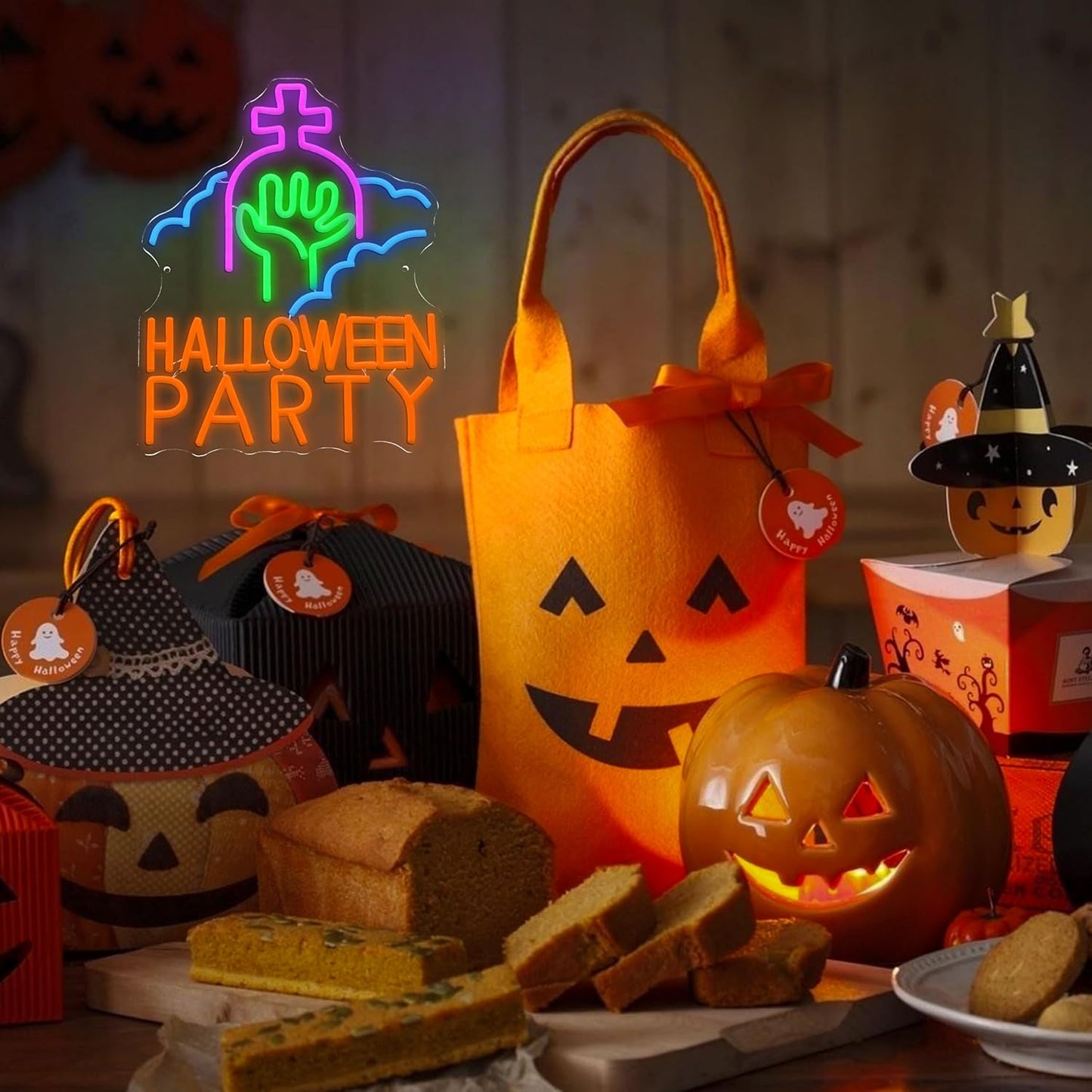 Halloween Party Neon Sign USB Powered Gothic Tombstone Light up Sign Dimmable Halloween Ghost Hand Neon Light Wall Decor for Halloween Party Bedroom Bar Man Cave Spooky House