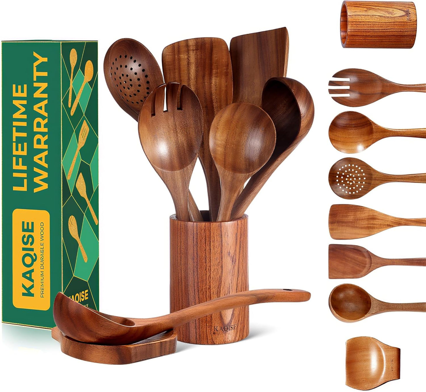 Wooden Spoons for Cooking, Kitchen Utensils Set, Wood Spatulas Soup Ladle Serving Spoons Teak Wooden Utensil Set（8 Pieces ）