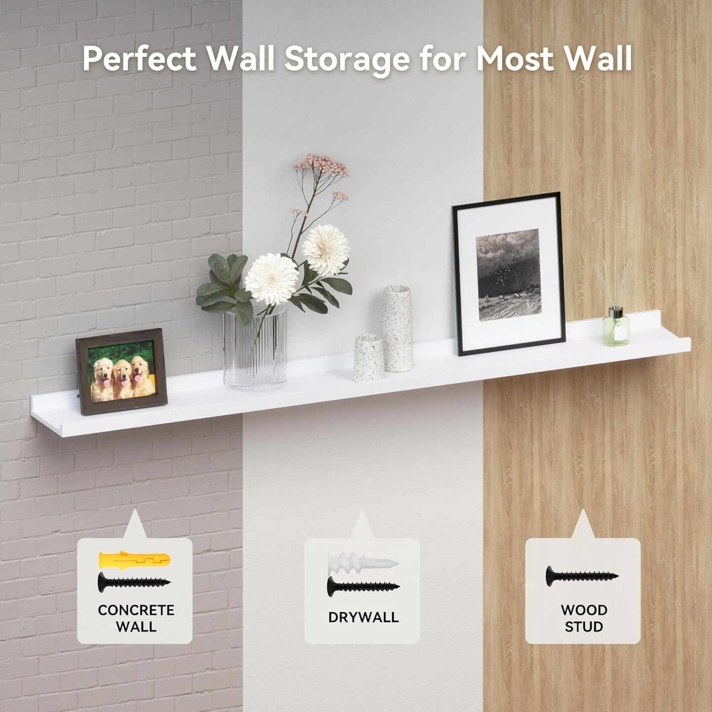 RICHER HOUSE 3 Set White Floating Shelves, Wall Mounted White Shelves for Wall Decor, Picture Ledge Shelf with Lip for Wall Storage Nursery, Bedroom, Living Room, Bathroom - White