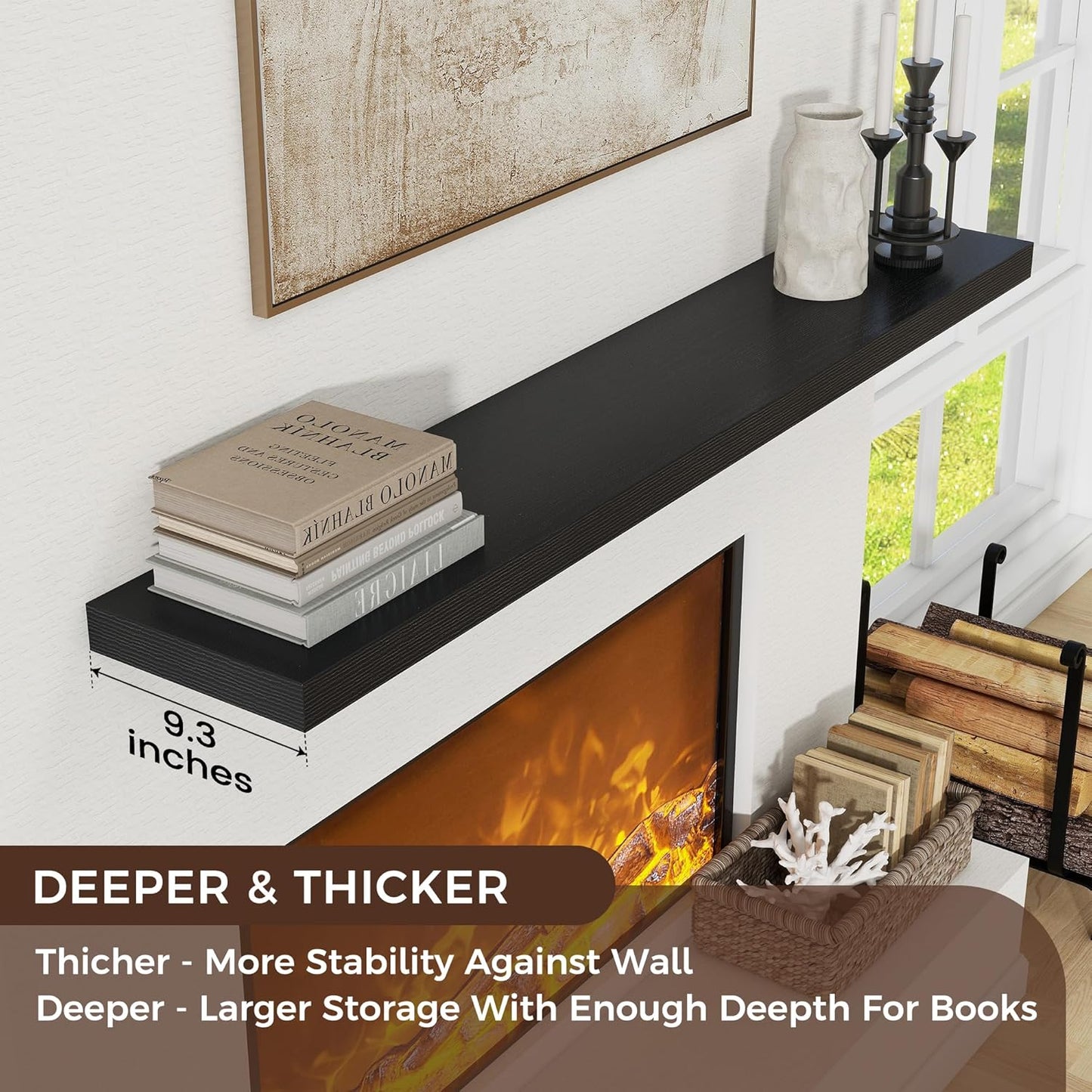 Floating Shelves for Wall, Large Wall Mounted Shelves with Invisible Brackets, Long Wood Floating Shelf for Living Room, Bedroom, Kitchen, (Black, 72" W x 9" D x 1.5" H)