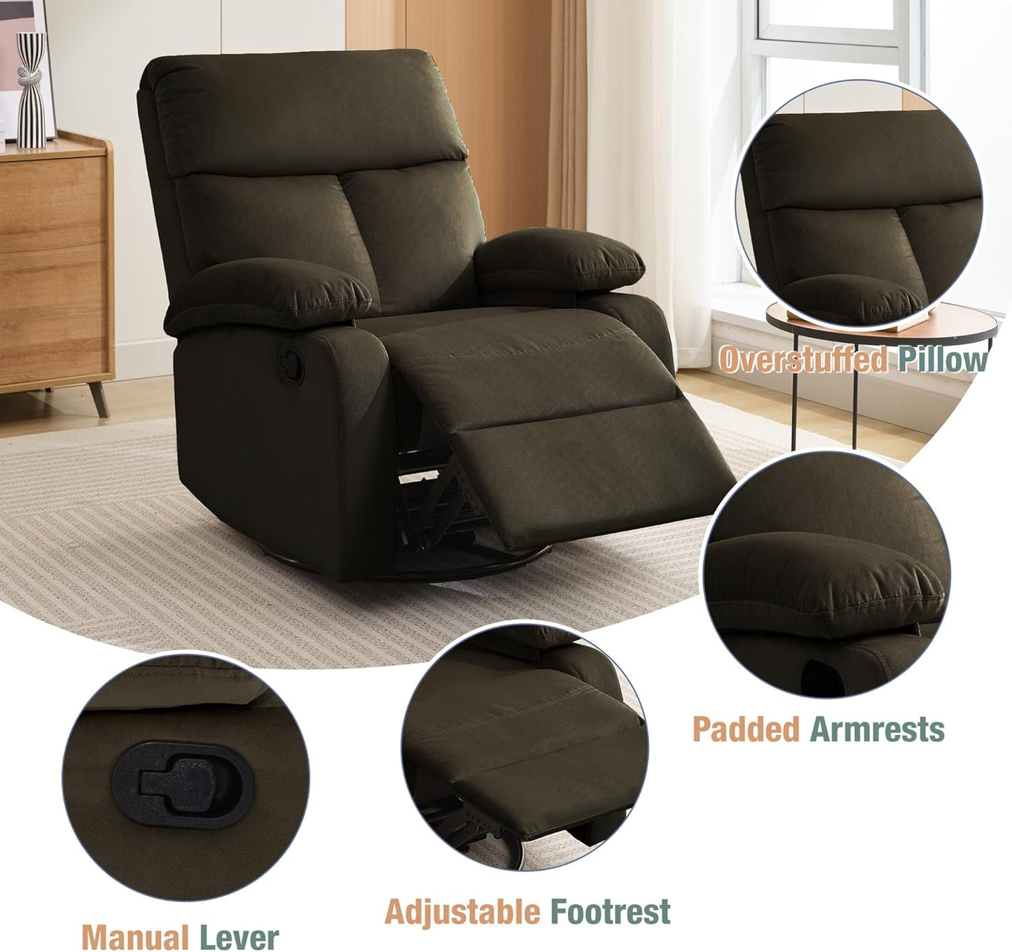 Swivel Rocker Recliner for Adults, Small Recliner Chair for Small Spaces, Rocking Recliner Chair for Nursery. Living Room, RV, Bedroom, Dark Brown