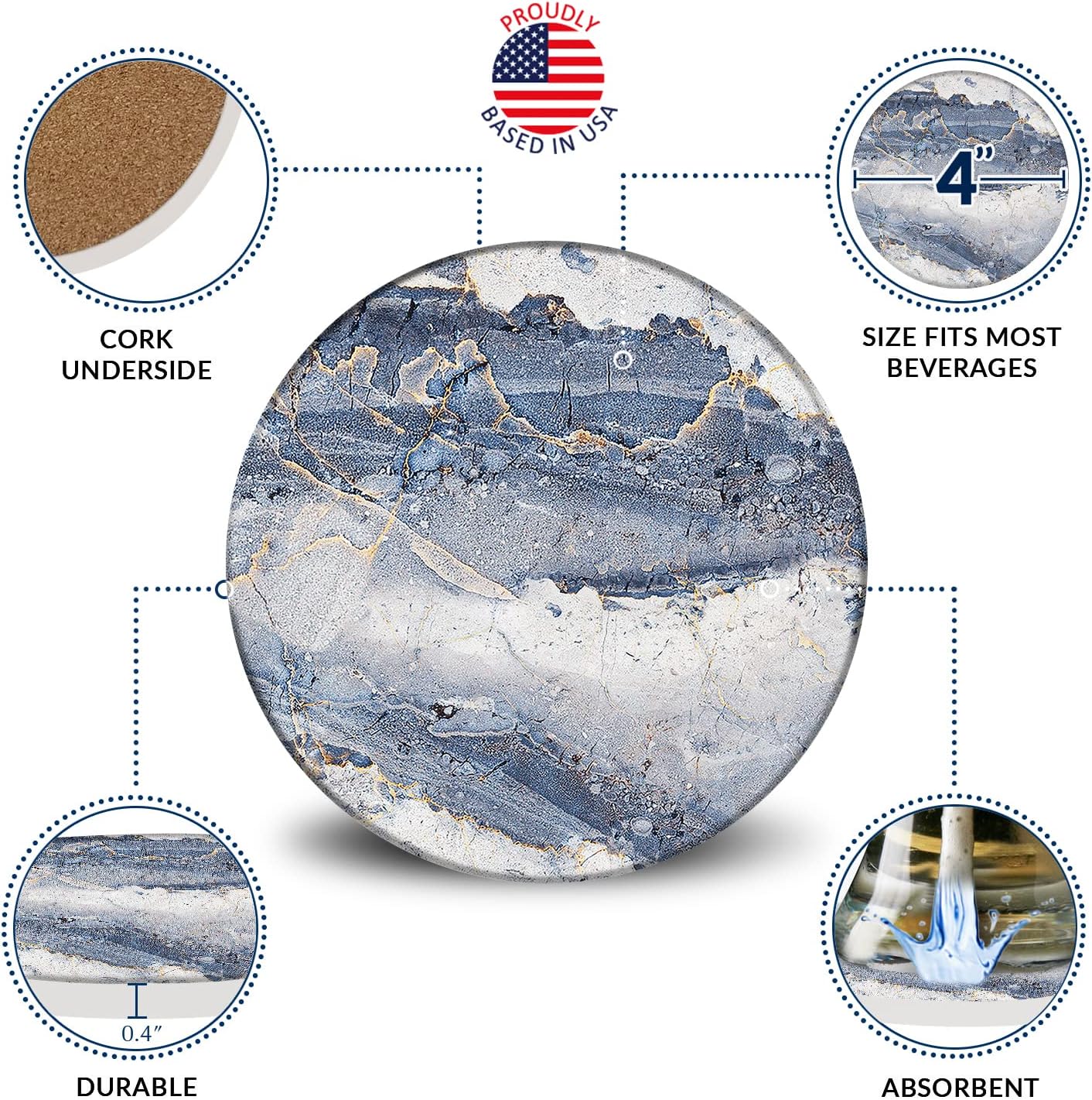 Emerson Essentials Coasters for Drinks Absorbent with Holder, Set of 6, Cork Bottom Ceramic Stone Marble Style for Wooden Coffee Bar Tables, Glass Tabletop Non Slip, Natural Stone