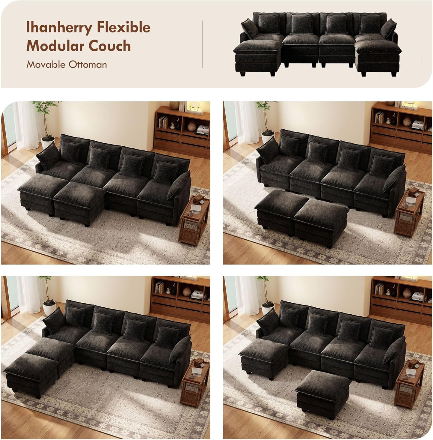 Ihanherry 106" L Shaped Modular Sectional Cloud Sofa, Modern 6 Seat Chenille Couch with Ottoman for Living Room, Bedroom and Apartment, Black
