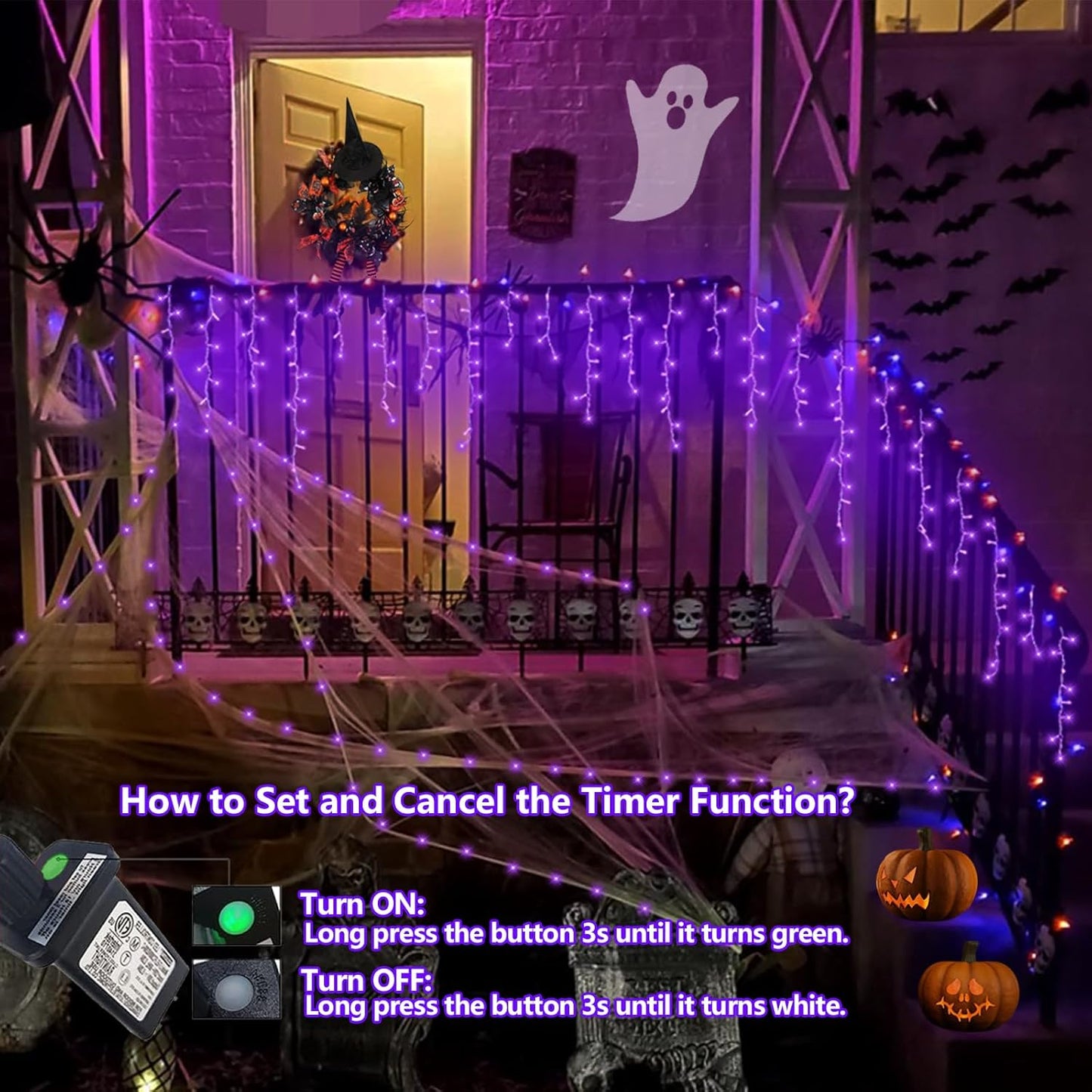 QITONG Purple Halloween Lights, 66ft 800 LED Icicle Light for Outside Indoor Plug in, 8 Modes Clear Wire Connectable Christmas Lights with 160 Drops