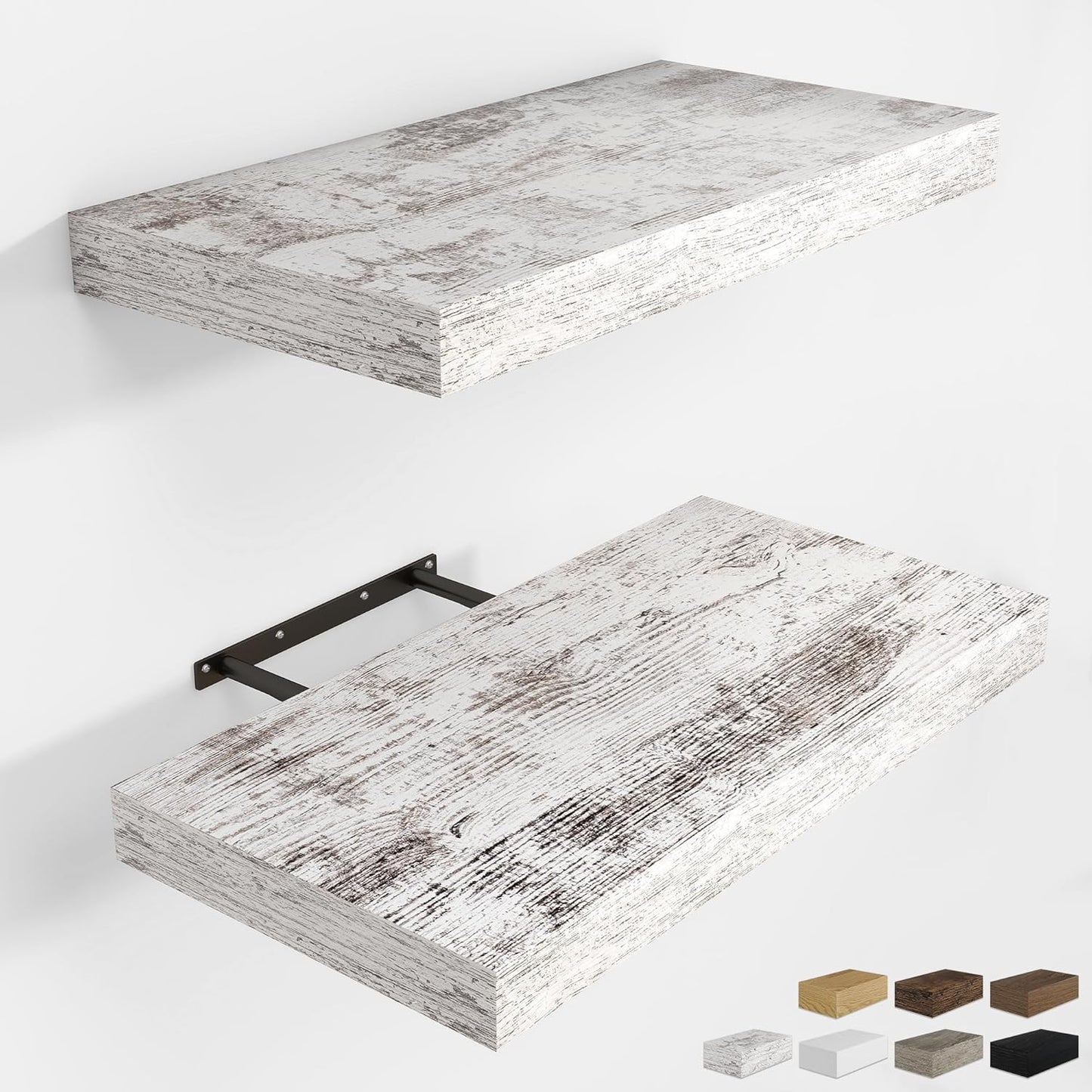 RICHFOCUS 16Inch Floating Shelves for Wall 2 Pack Shelves for Bedroom|Kitchen|Bathroom Wall Mounted Rustic Distressed Wood Floating Shelf with Invisible Brackets for Books|Storage|Decor, Rustic