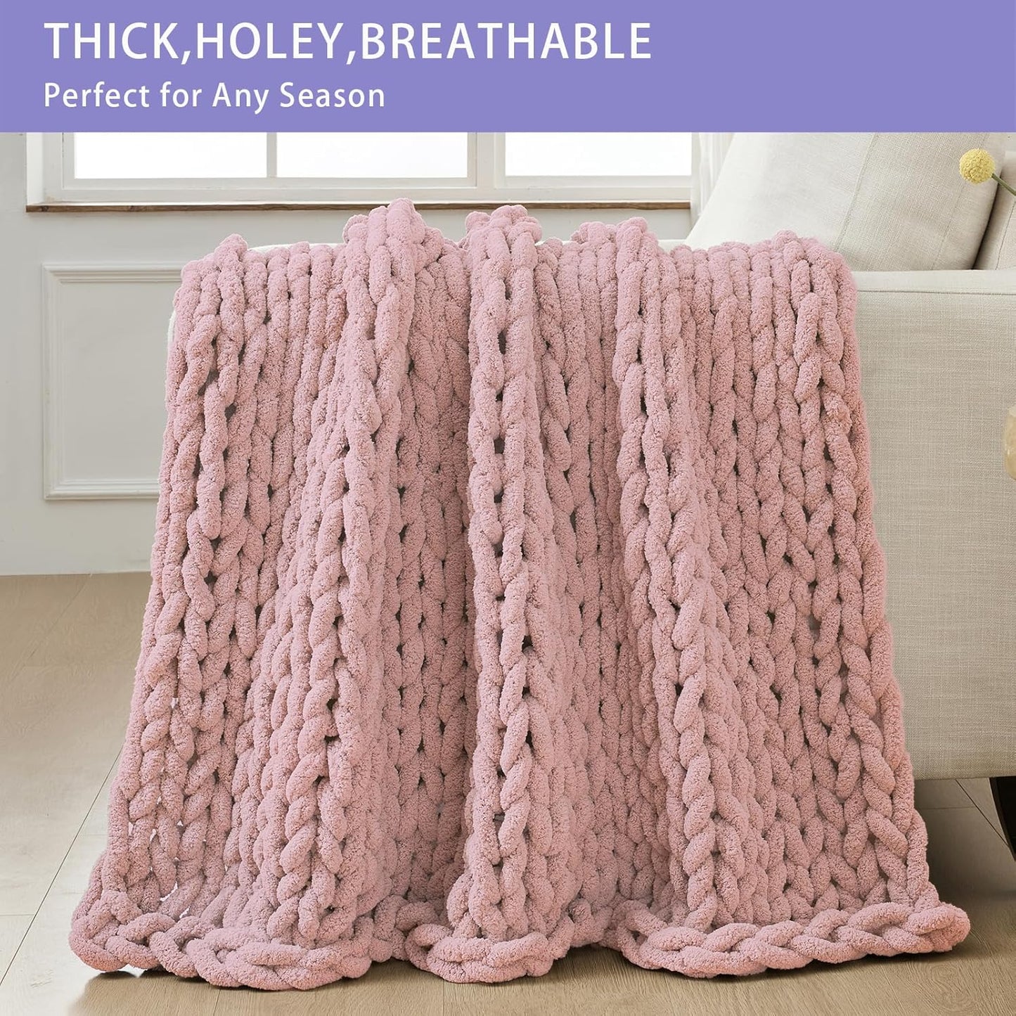 Bigacogo Chunky Knit Throw Blanket for Couch, 60x80 inches, 100% Hand Knitted with Thick Jumbo Chenille Yarn, Cozy Soft Large Rope Knot Cable Crochet Blankets for Sofa Bed Living Room, Dusty Pink
