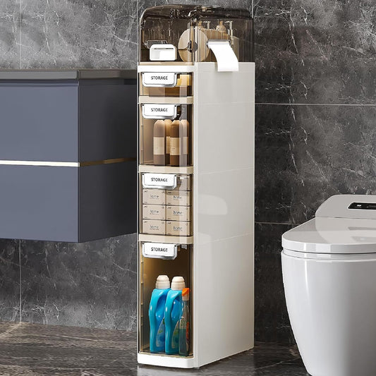 VECELO 5-Tier Narrow Beside Toilet Storage Cabinet, Plastic Bathroom Organizers and Storage with Drawers & Wheels, Space-Saving, Slim Toilet Paper Storage for Bathroom, Laundry Room, Small Space