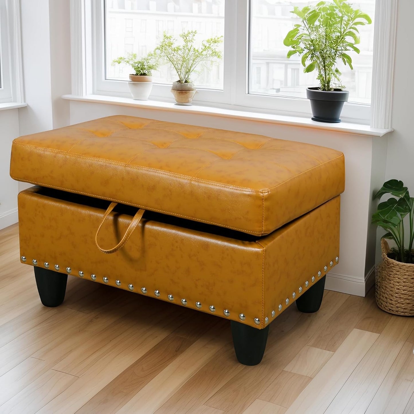 Ottoman Rectangular Storage Ottoman Bench, Faux Leather Footrest, Coffee Table, Stool Footstool with Hinged Lid for Living Room, Bedroom, Entryway, Ginger, 28.5"x19"x17.5"
