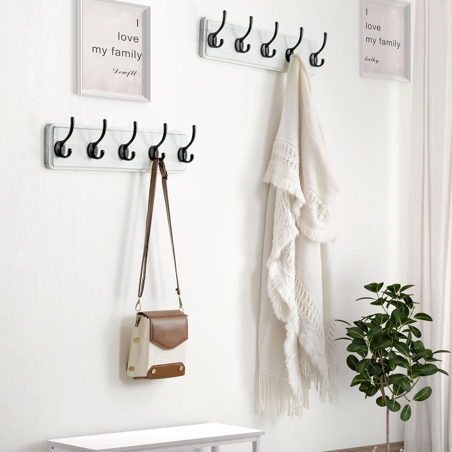 Dseap Coat Rack Wall: Patented, Heavy-Duty, 5-Double-Hooks Wooden Wall Mounted Coat Rack Coat Hanger Hook Rail for Winter Coats Hat Jacket Clothing, White & Black, Pack of 2