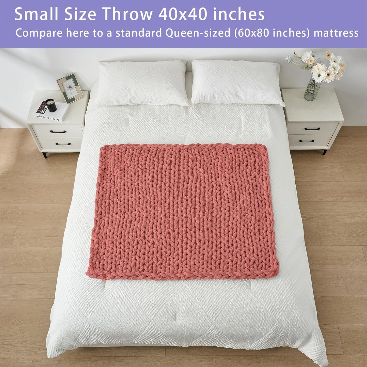 Bigacogo Chunky Knit Throw Blanket for Couch, 40x40 inches, 100% Hand Knitted with Thick Jumbo Chenille Yarn, Cozy Soft Large Rope Knot Cable Crochet Blankets for Sofa Bed Living Room, Antique Red