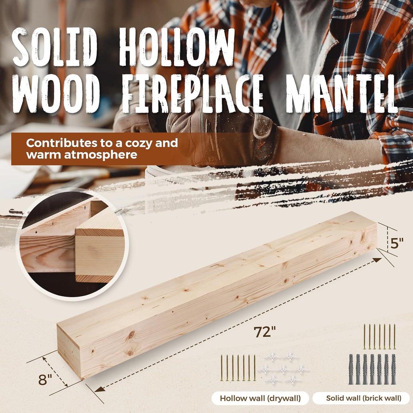 72x8x5 Fireplace Mantel - Handcrafted Hollow Rustic Solid Wood Wall Mounted Floating Shelf with Invisible Heavy Duty Wood Bracket (DIY Color)