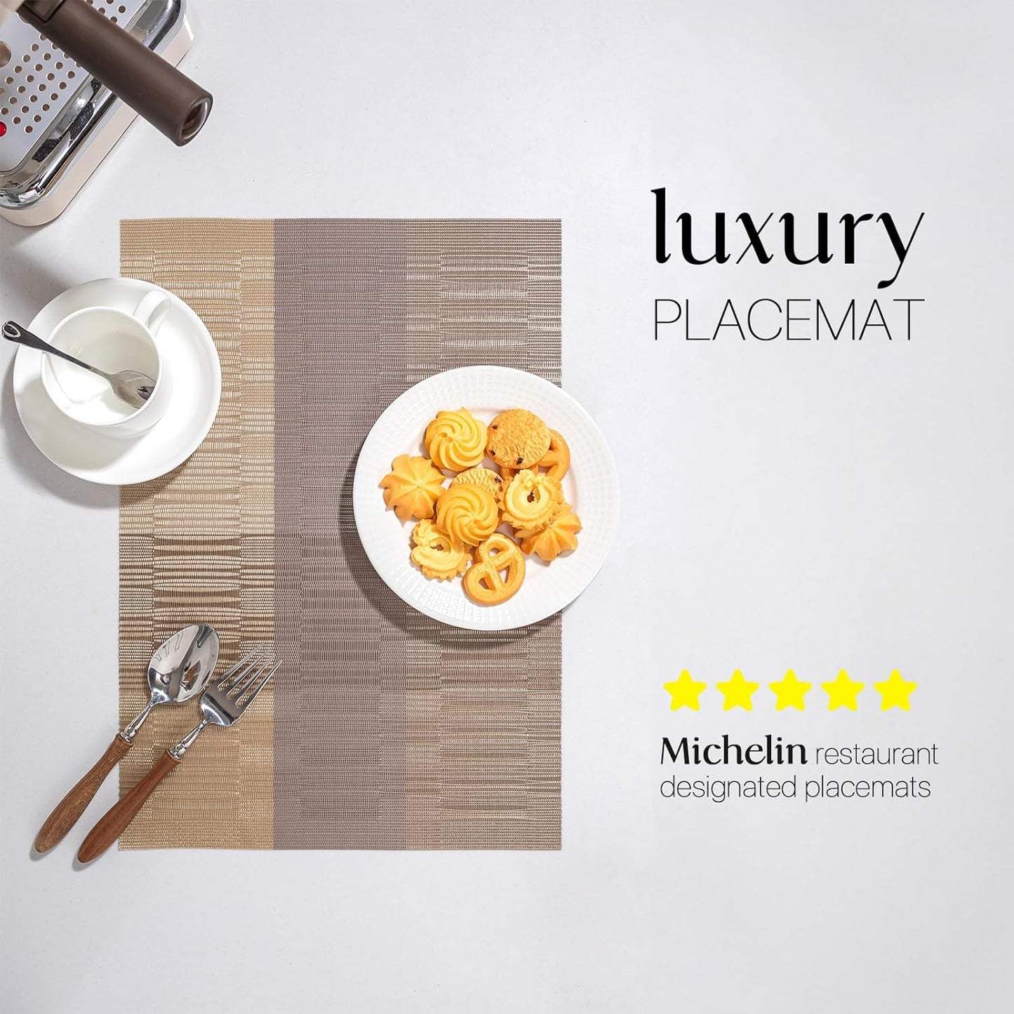 LEXMORE Placemats Set of 8 Vinyl/Plastic Woven Place Mats for Kitchen Table Indoor/Outdoor Washable Placemat Wipeable Dining Table Mats(Gold Dune)