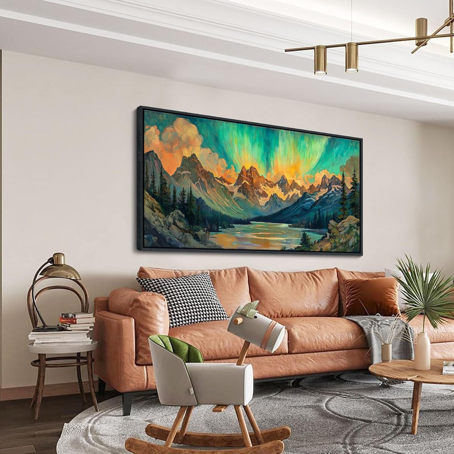 JEAWA Framed Canvas Wall Art - 24x48 In Large Abstract Painting Decor, Textured Mountain Lake Tree Aurora Polaris Pictures, Modern Art Prints for Bedroom Living Room Bathroom Home Decoration
