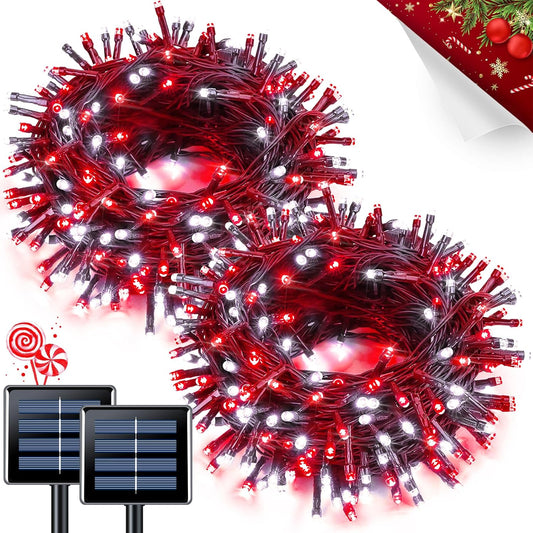JMEXSUSS 2 Pack Red and White Christmas Lights, Each 100 LED 33ft Solar String Lights Outdoor Waterproof, 8 Modes Green Wire Solar Lights for Outside Tree Garden Patio Party Decoration