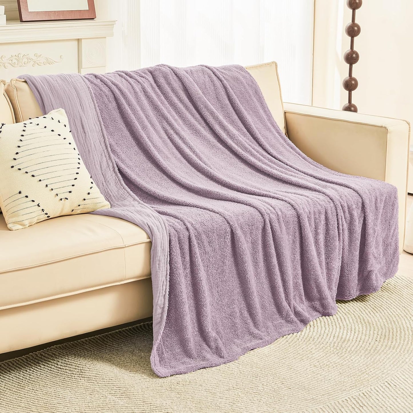 EMME Muslin and Fleece Twin Blanket Reversible - 60"*80" Lavender Soft Warm Throw Blankets for Couch Bed Picnic Travel Bed