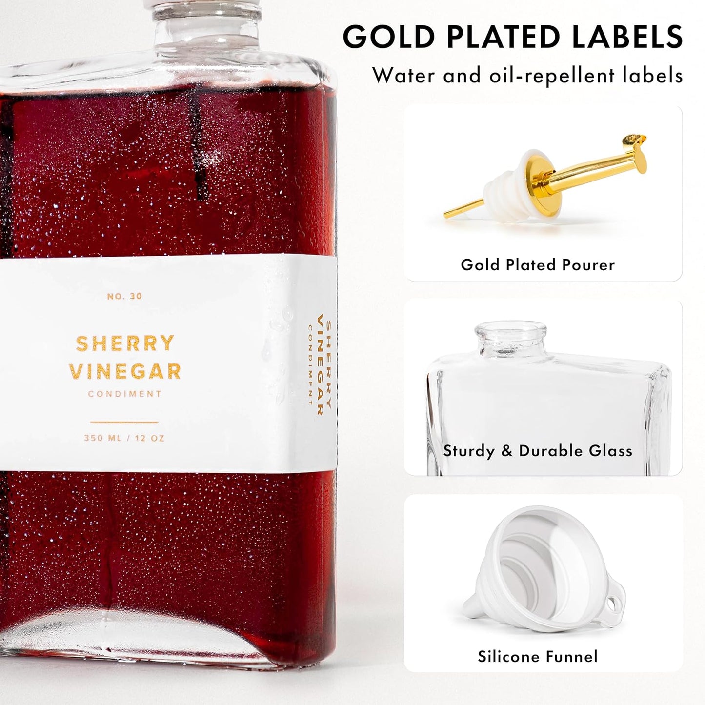 Glass Olive Oil Dispenser Bottle Set [2x12oz]: 36 Premium Gold Labels, Oil Dispenser for kitchen, Vinegar Bottle Set, Glass Dispensers for Soy Sauce, Syrup Bottles | Set of 2