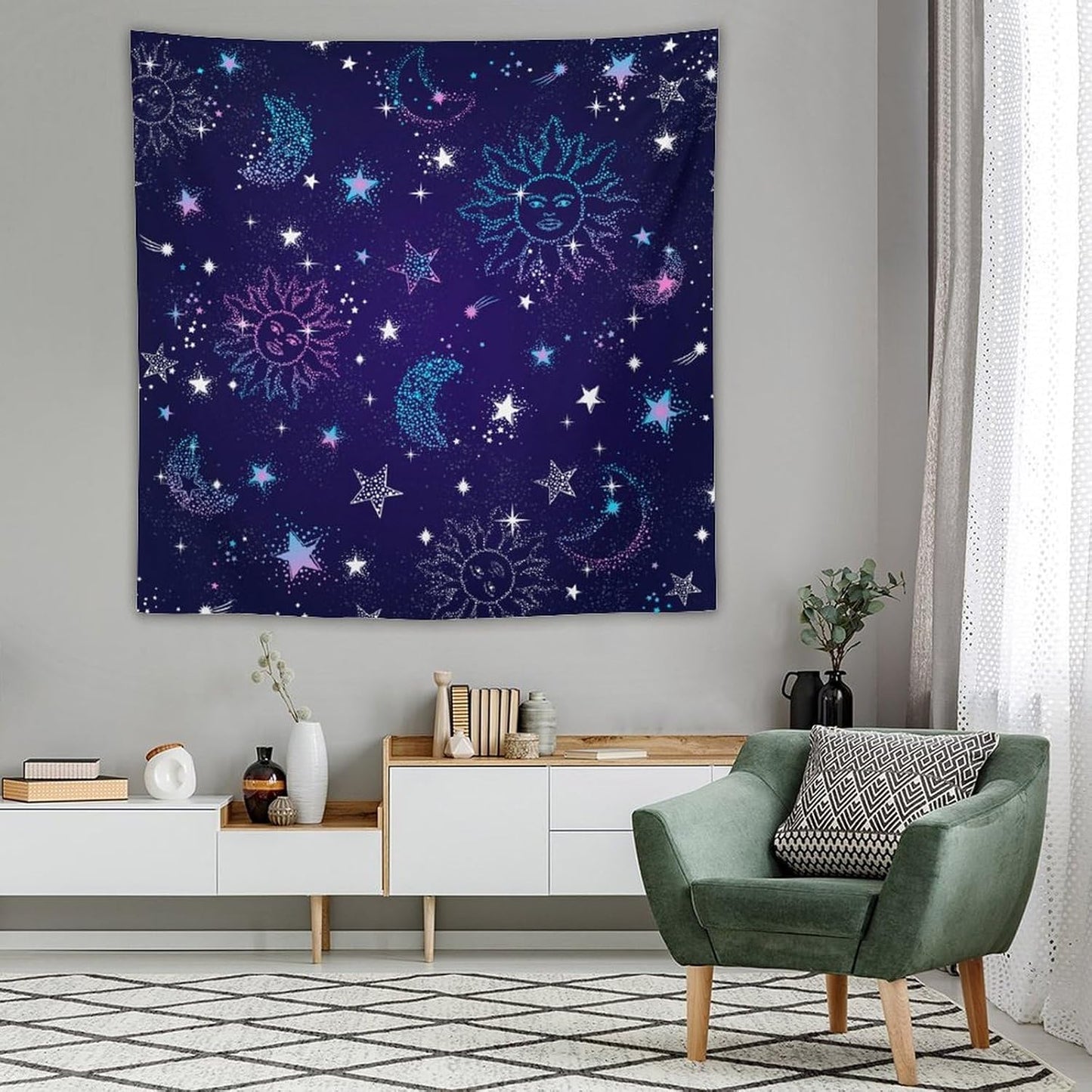 HZOHNAGO Boho Sun Moon Tapestry Purple Blue Sun Stars Galaxy Pattern Printed Wall Tapestry Wall Hanging for Bedroom Living Room Dorm 60" W x 60" H