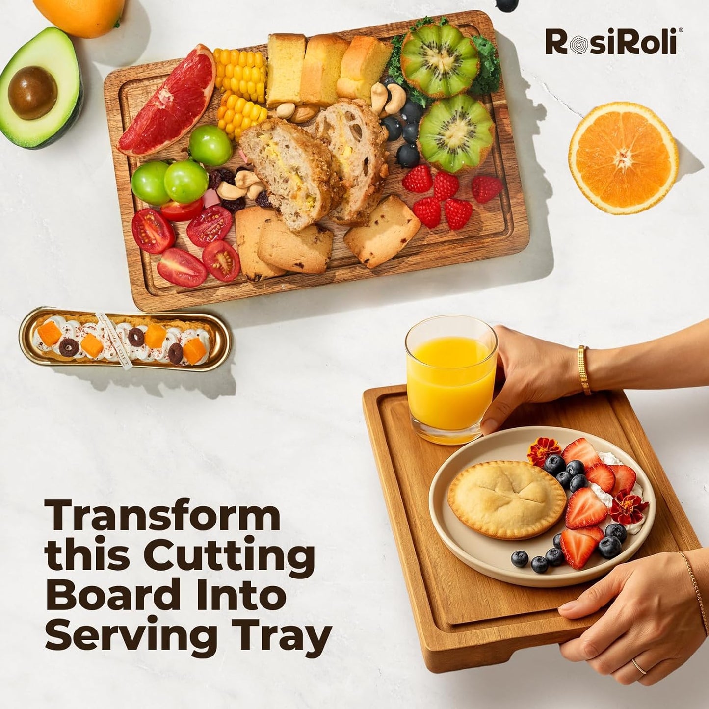 Acacia Wood Cutting Board for Kitchen - 0.8 inch Thick Wood Charcuterie Cheese Board with Side Handles and Juice Grooves, Wooden Chopping Block for Meat and Veggies, 11.5x7 inch