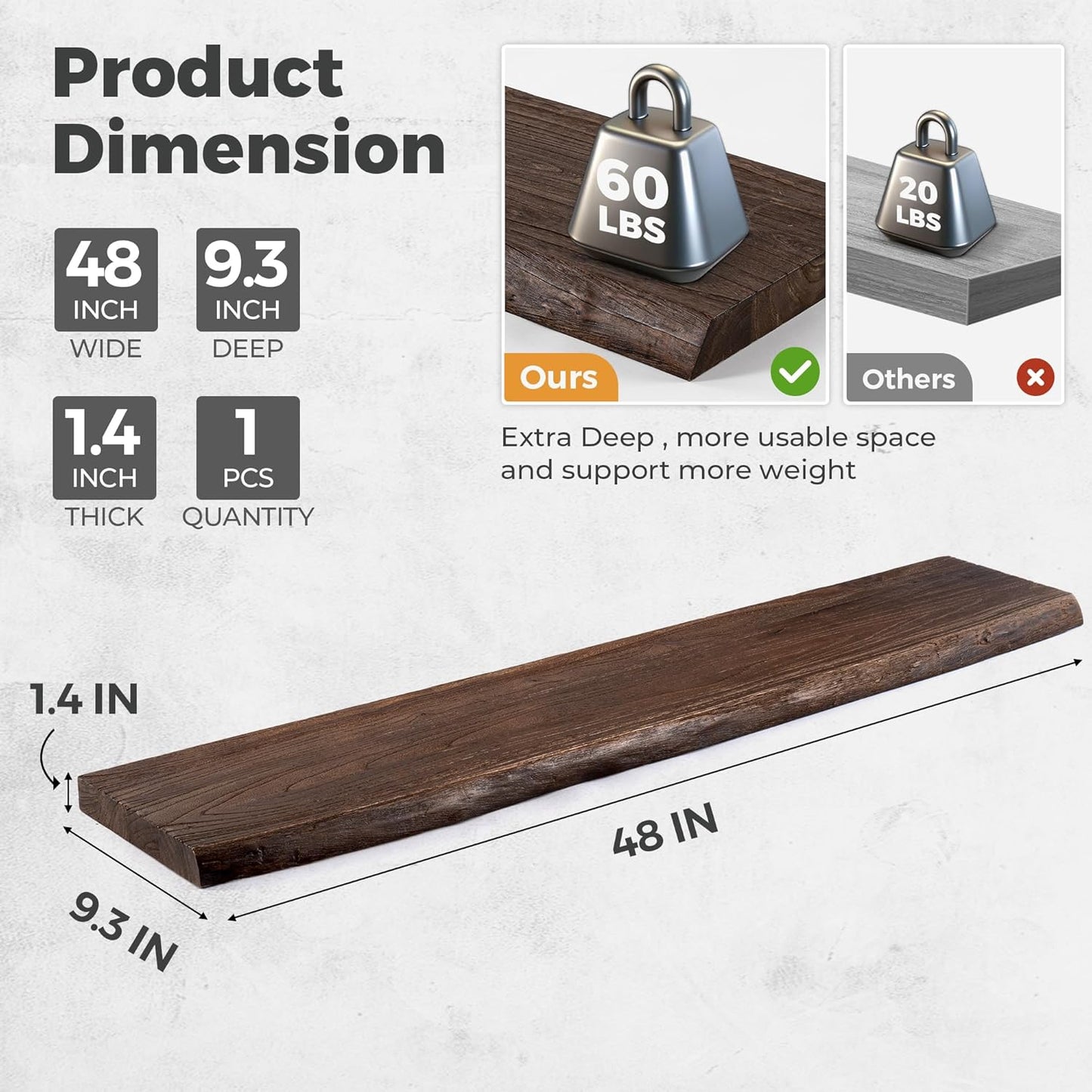 RICHFOCUS Live Edge Elm Floating Shelves - 48" W x 9.3" D Rustic Solid Wood Wall Shelves with Invisible Bracket, Wall-Mounted for Living Room, Bedroom, Kitchen Storage & Display, Set of 1, Walnut