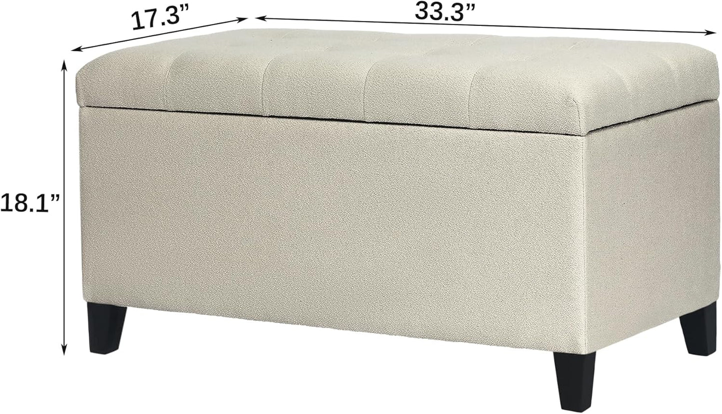 Asense Storage Ottoman Bench, Tufted Fabric Upholstered End of Bed Bench with Safety Hinge Wooden Legs, for Entryway Bedroom (Cotton and Linen Beige, 33.3")