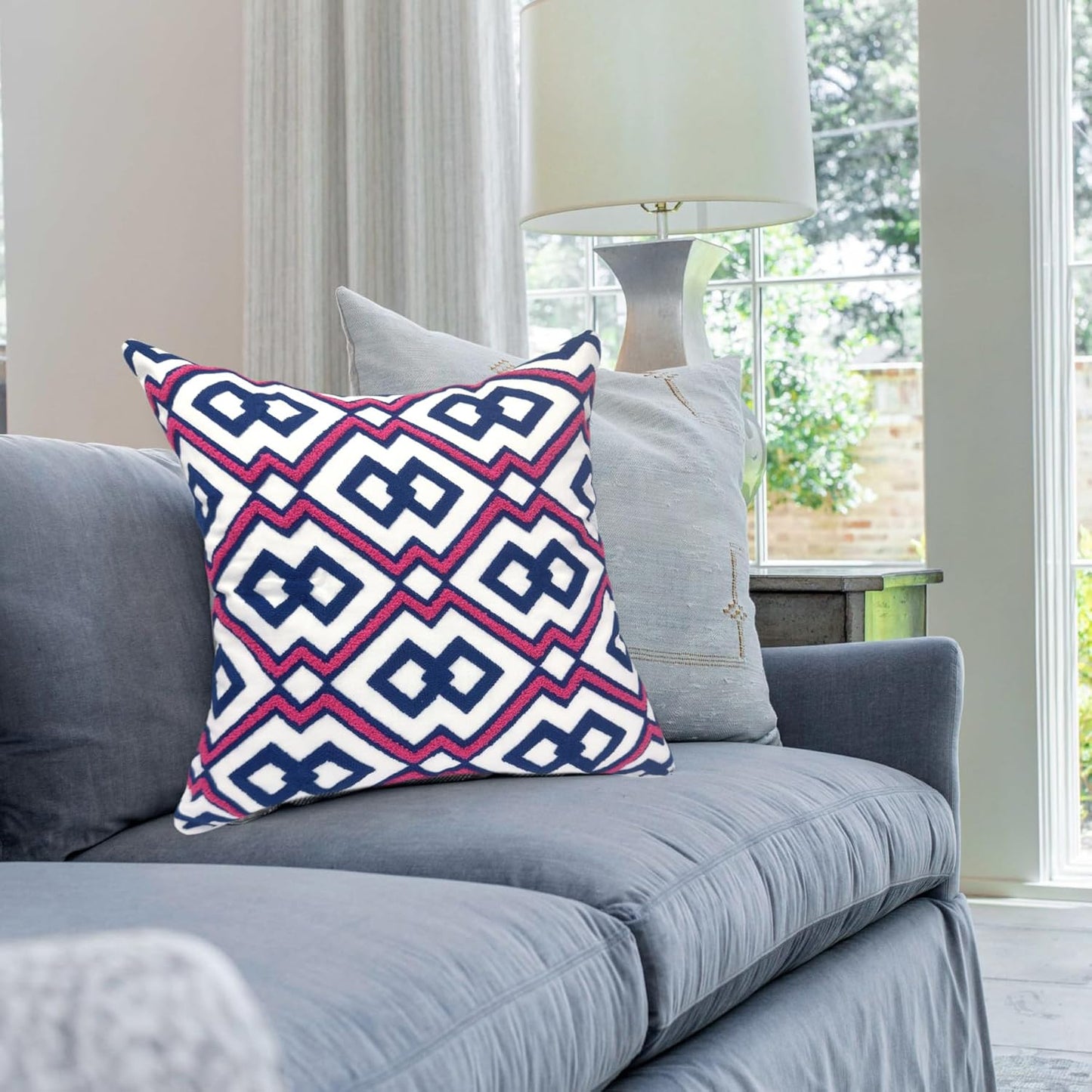 Alysheer Embroidered Decorative Throw Pillow Cover 18"x 18" Set of 2, Classic Boho Geometric Embroidery Pattern Cotton Rectangular Cushion Case for Sofa Couch Living Room Bedroom (Blue Pink)