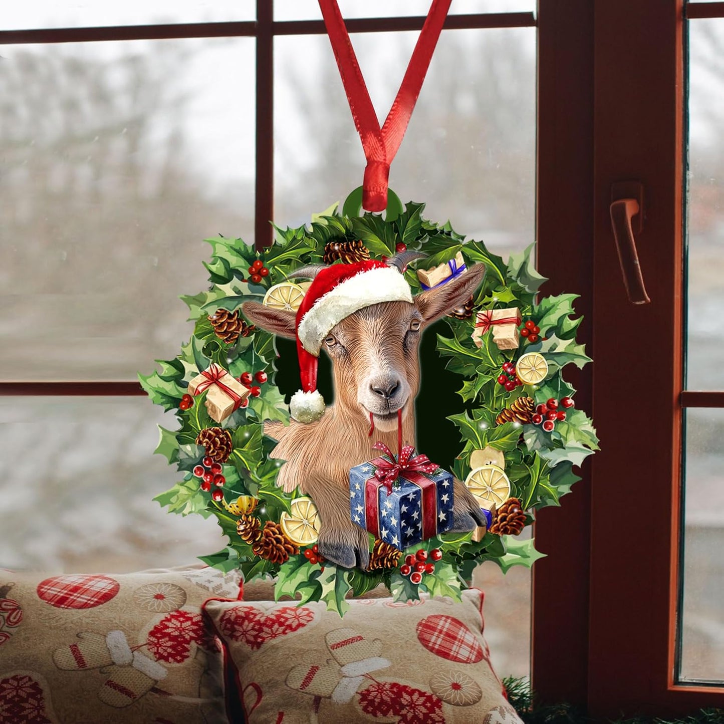 Talataca Goat Wearing A Christmas Hat Wreath Farm Lover 2D Flat Car Rear View Mirror Accessories Christmas Tree Ornament Decoration Hanging Charm Interior Rearview Pendant Decor Gift