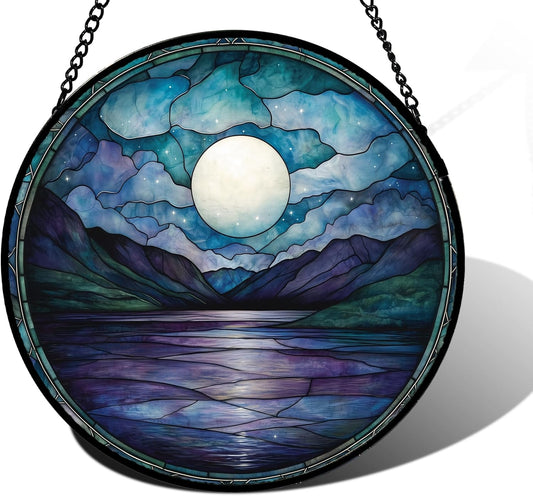 Stained Glass Window Hanging, Blue Night Moon Lake Sun Catchers Colorful Glass Panel Landscape Suncatcher Decor for Birthday for Women, Men, Wife, Aunt, and Mom 6.3 in