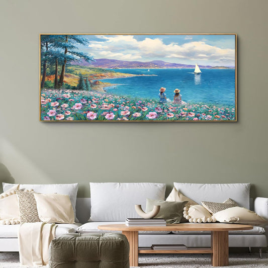 XLSJERST Large Landscape Wall Art - Blue Ocean Pink Flower Sailboat Mountain Tree Wall Decor Orange Frame Artwork for Wall Large Picture for Living Room Bedroom Home Office Decoration Size 29x58