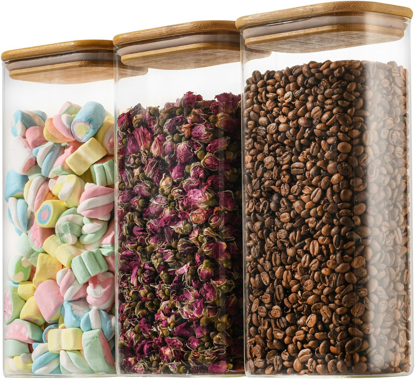 64oz Rectangle Airtight Glass Storage Containers with Bamboo Lids (Set of 3), Square Food Storage Jar, Pantry Organizers for Cereal, Flour, Pasta and Coffee beans (‎with Black Lable)