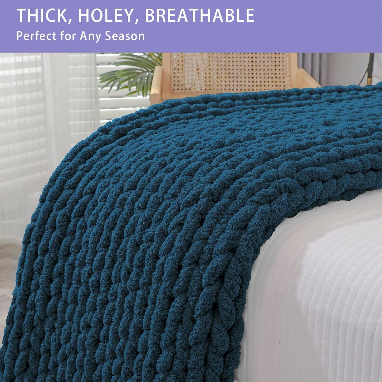 Bigacogo Chunky Knit Throw Blanket for Couch, 51x63 inches, 100% Hand Knitted with Thick Jumbo Chenille Yarn, Cozy Soft Large Rope Knot Cable Crochet Blankets for Sofa Bed Living Room, Deep Sea Blue