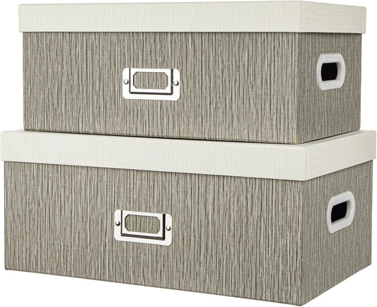 Briful Set of 2 Decorative Storage Boxes with Lids – Gray & White Nesting Organizer Bins, 14'' + 13'' Set Rectangular Fabric Covered Cardboard Boxes for Office, Closet, or Home Decor