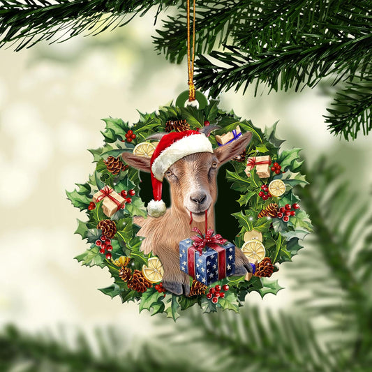 Talataca Goat Wearing A Christmas Hat Wreath Farm Lover 2D Flat Car Rear View Mirror Accessories Christmas Tree Ornament Decoration Hanging Charm Interior Rearview Pendant Decor Gift