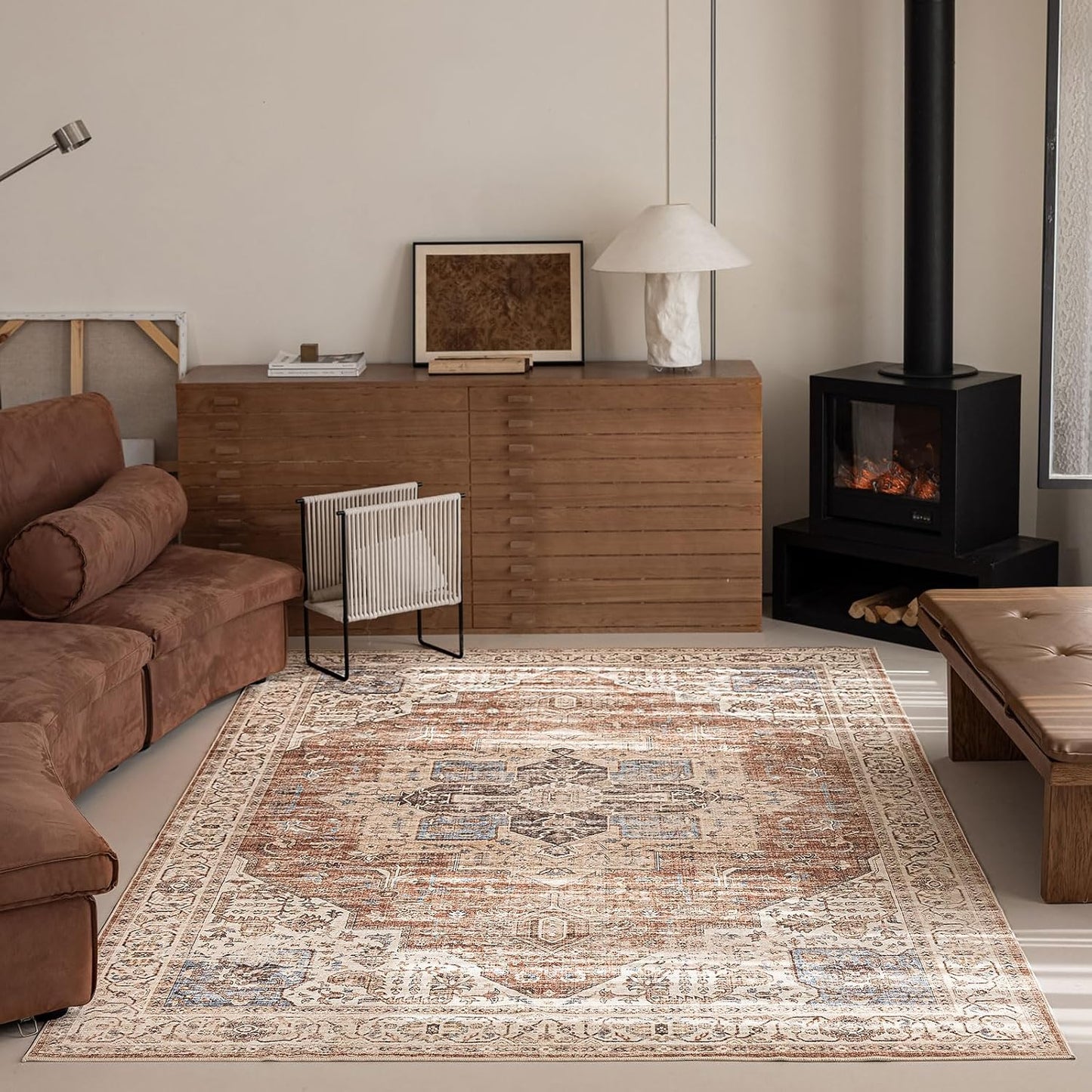 5'x7' Area Rug - Vintage Persian Medallion Design Low-Pile Faux Wool Rug, Non-Slip Backing, Machine Washable, for Living Room, Dining Room, Bedroom (Brick Red)