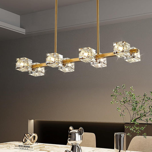 Dining Room Light Fixture,Gold Modern Crystal Chandelier Rectangular Pendant Light with 8 Light Farmhouse Chandeliers for Kitchen Island Dining Room Living Room Bedroom