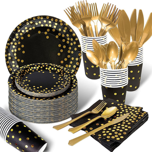 AIRE 350PCS Black and Gold Paper Plates Party Supplies for 50 Guests Party Decorations Disposable Dinnerware Golden Dot Paper Plates Napkins Cups Gold Plastic Forks Knives Spoons for Birthday Wedding