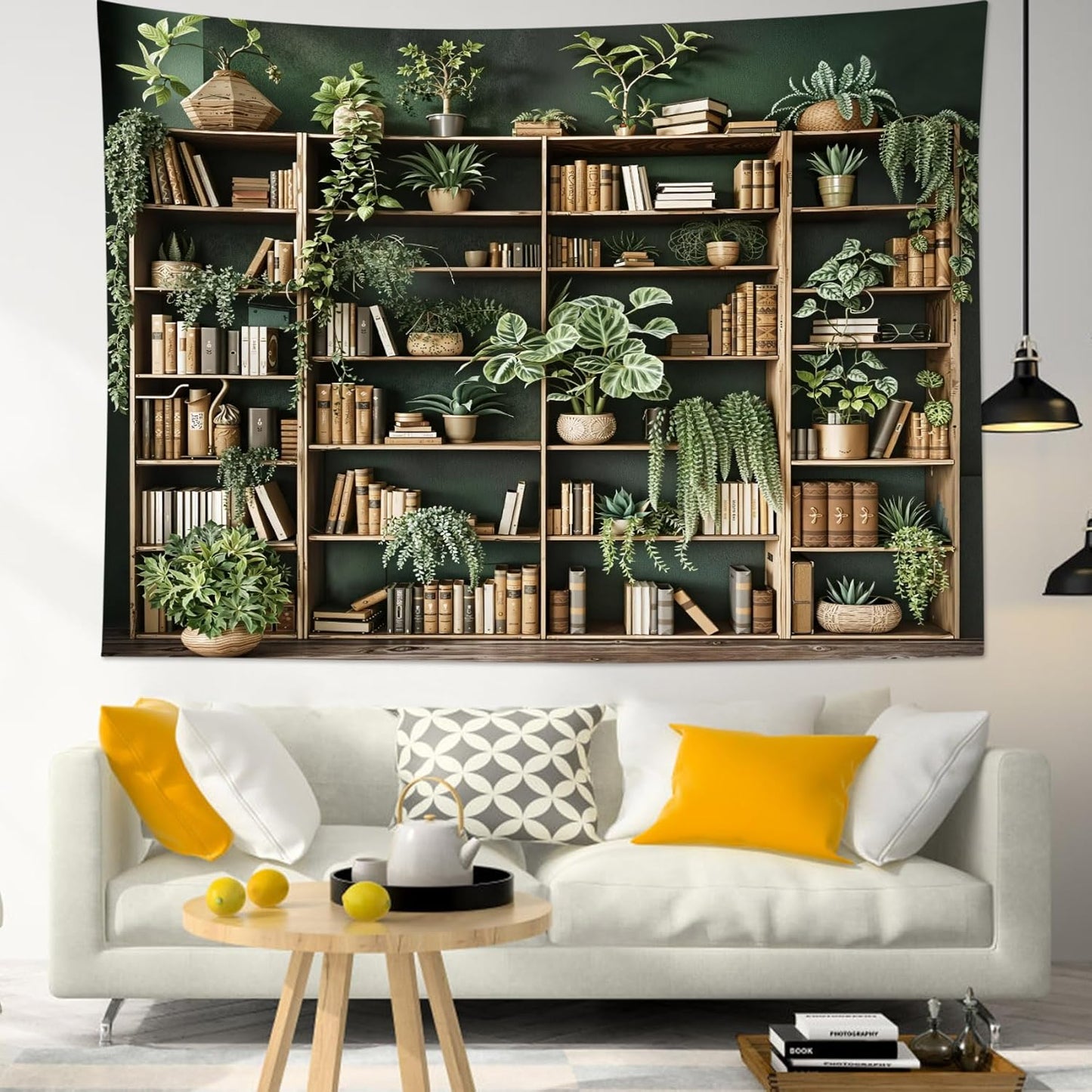 HVEST Green Plant Bookshelf Tapestry Book on Bookshelf and Plant Potted Tapestry Wall Hanging Reading Wall Decor for Study Room Bedroom Living Room College Dorm, 60L x 80W Inches