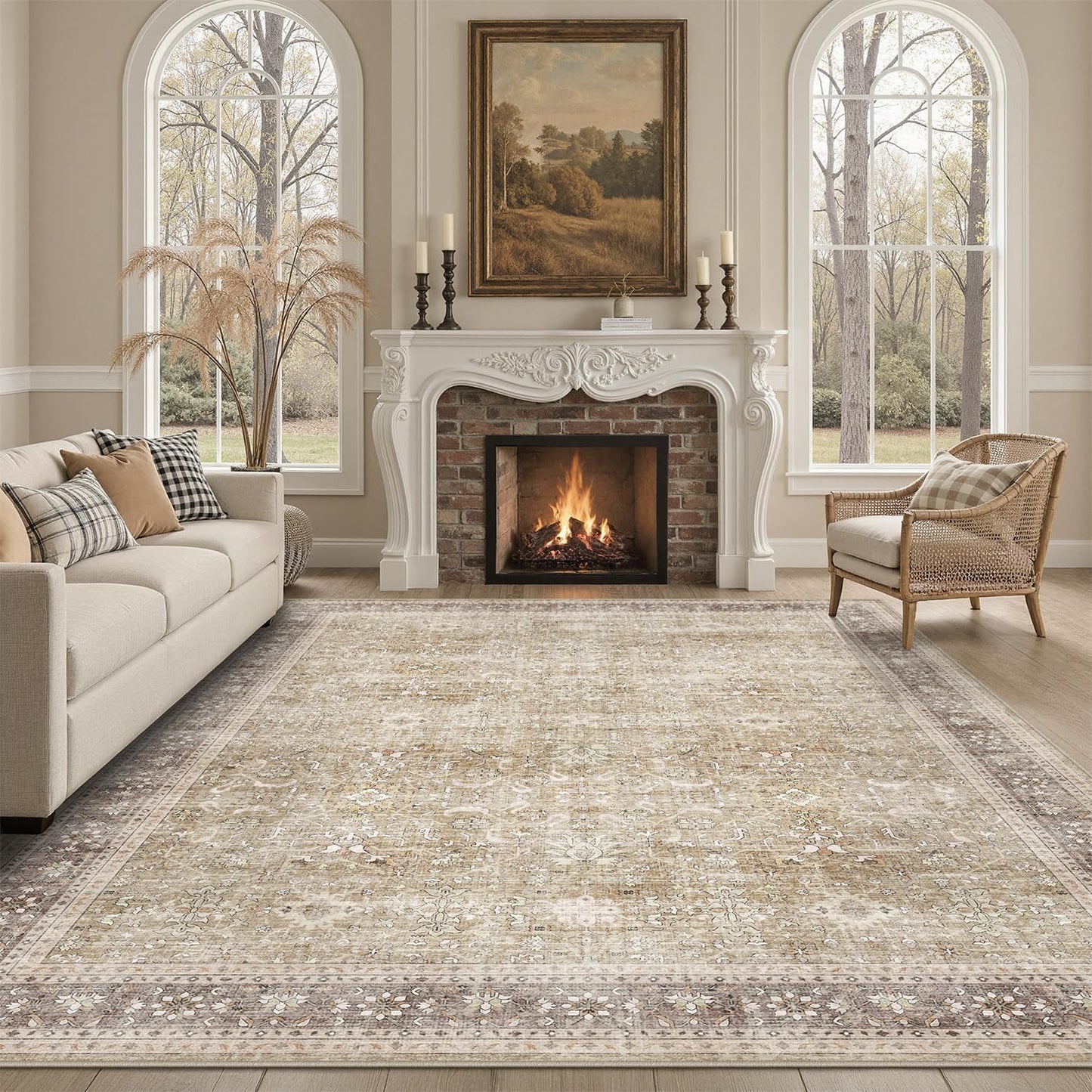 DCX Machine Washable Brown and Beige Area Rug 5x7, Non Slip Stain Resistant Vintage Rug for Living Room Diningroom Bedroom Nursery, Soft Low Pile Large Carpet