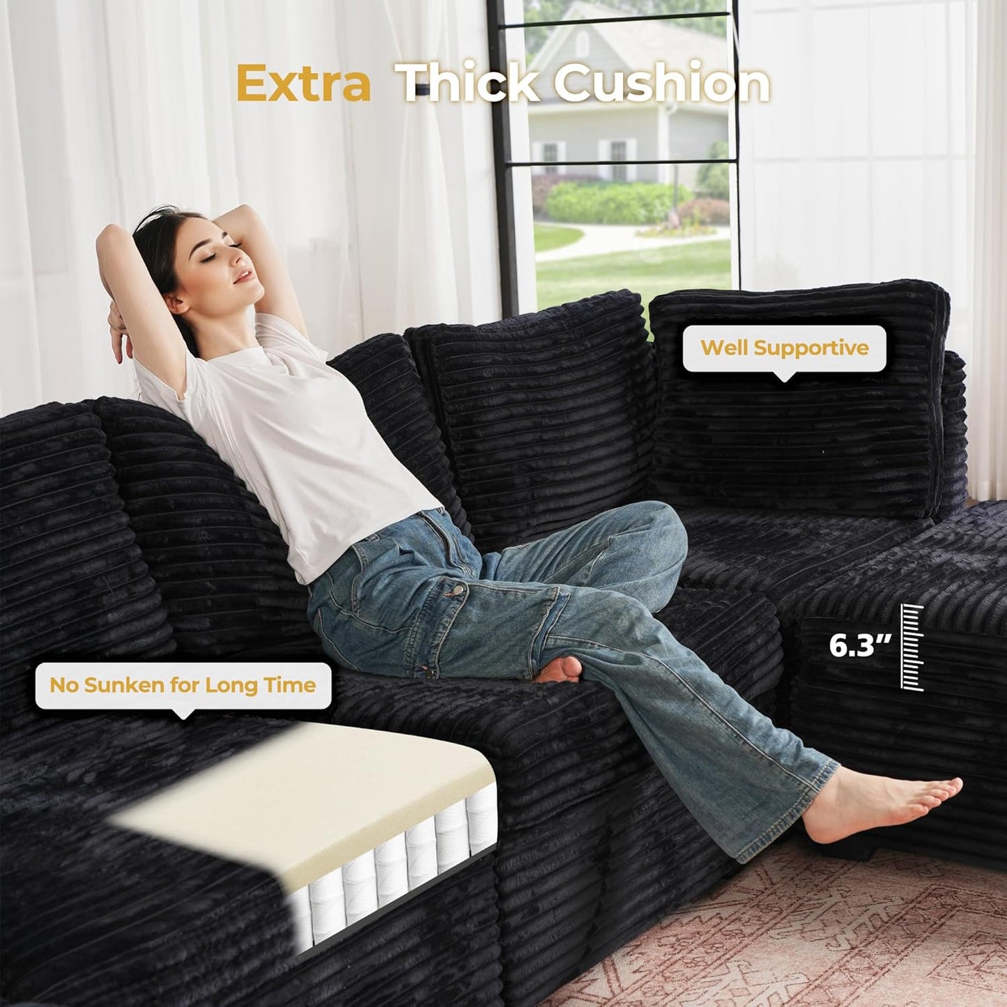 HOOOWOOO Modular Sectional Sofa,6 Pieces Sectional Couches for Living Room,131X66 L Shaped Cloud Couch with Ottoman Chaise Set(Black Velvet Corduroy)