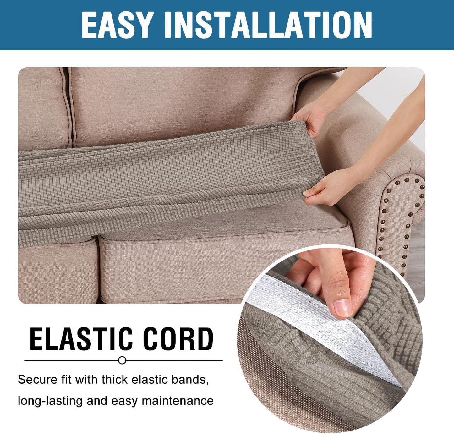 H.VERSAILTEX Super Stretch Individual Seat Cushion Covers Sofa Covers Couch Cushion Covers Slipcover Sets Thick Jacquard Textured Twill Fabric (2 Piece Medium Sofa Cushion Covers, Taupe)