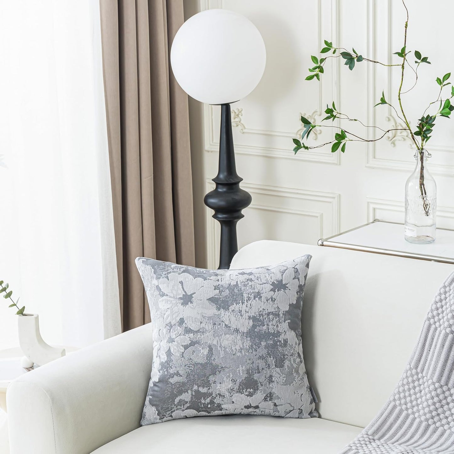 Jacquard Throw Pillow Covers 18x18 Inch Set of 2 - Vintage Floral Boho Pillow Cases with Botanical Pattern | Farmhouse Decor for Couch Living Room | Soft Textured Neutral Trio Slate Gray 18" x 18"